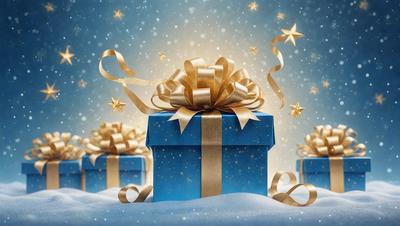 The primary subject of the image is a blue gift box with a gold bow. The setting is a snowy background, creating a festive and holiday atmosphere. The visual style is a digital art, with the box and bow being the main focus of the image. The colors and mood are predominantly blue and gold, giving the scene a warm and celebratory feel.
